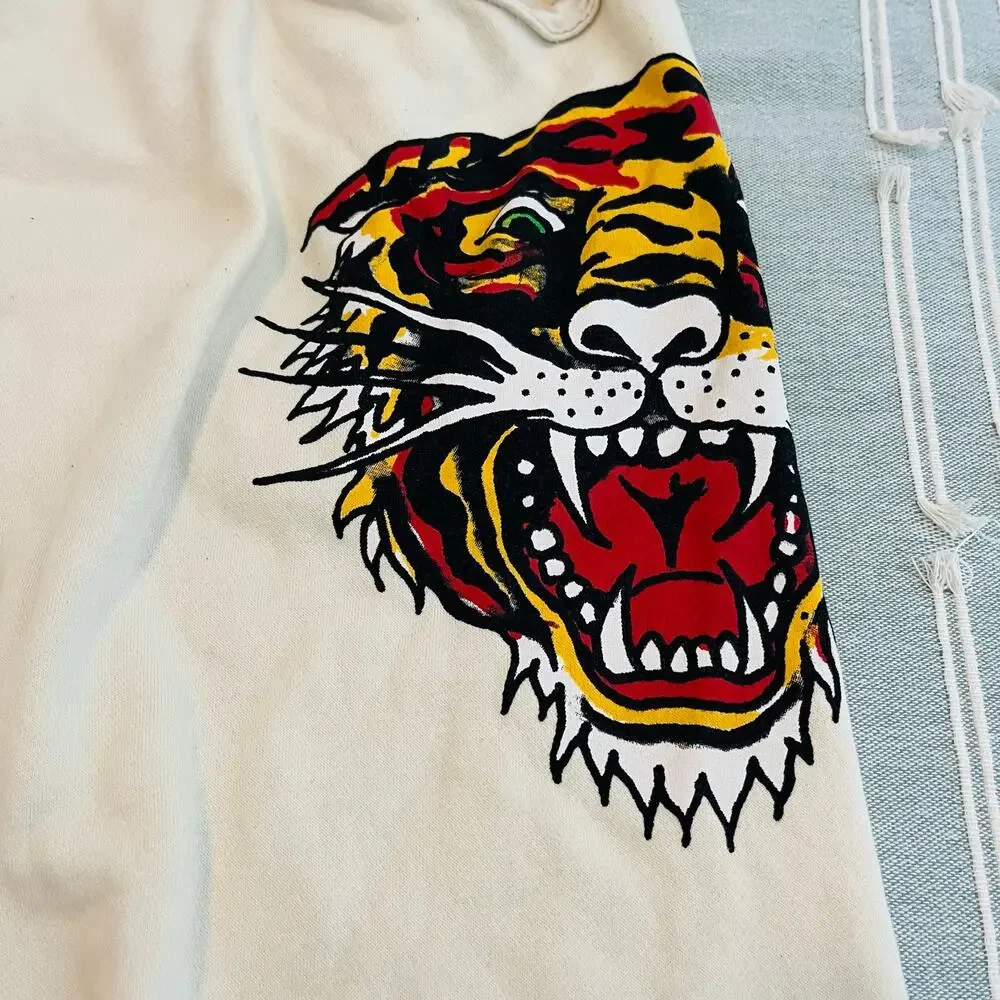 Ed Hardy Retro Tiger Fleece Sweat Shorts Off-White Cream Mens Size XL